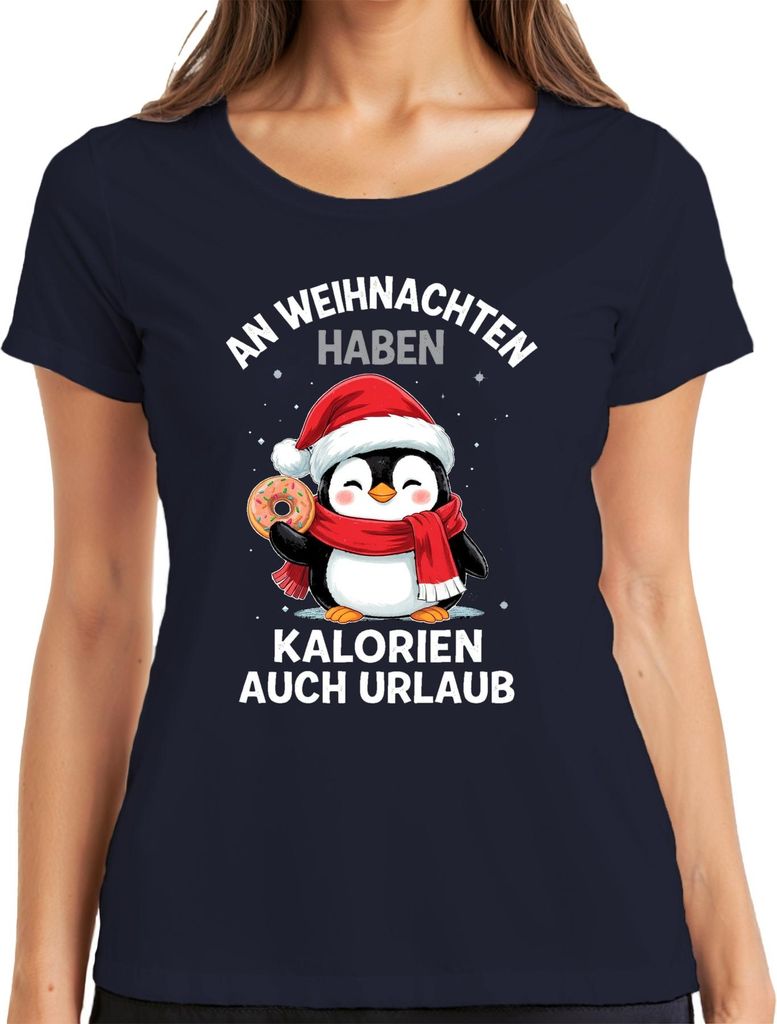 Weihnachten Kalorien Urlaub Pinguin Donut Lustig Geschenk Damen T-Shirt, Navy, S
