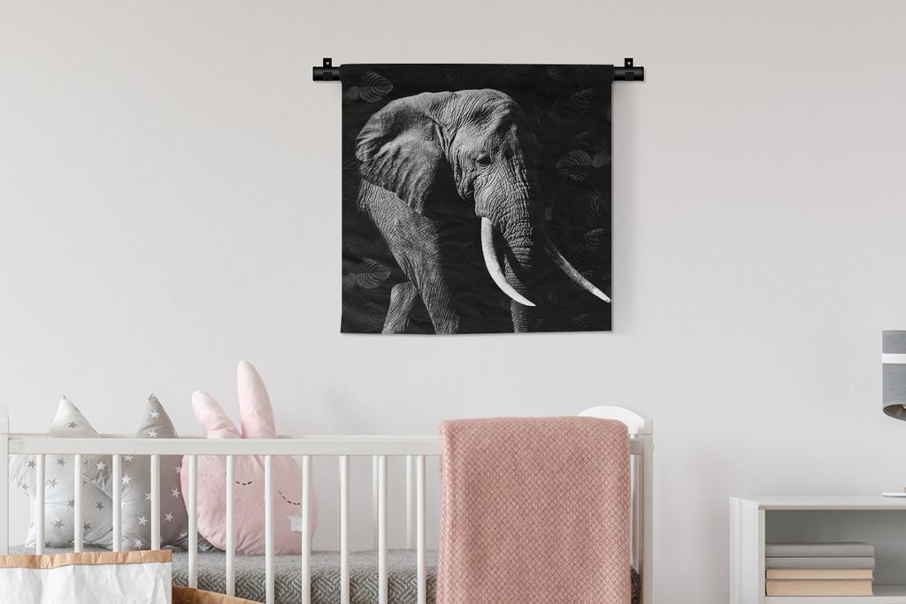 MuchoWow Wandteppich Wandbehang Elefant - Zähne - Schwarz - Weiß 60x60 cm Tapisserie Dekoration Wandtuch - Dekorationen - Wand Decke