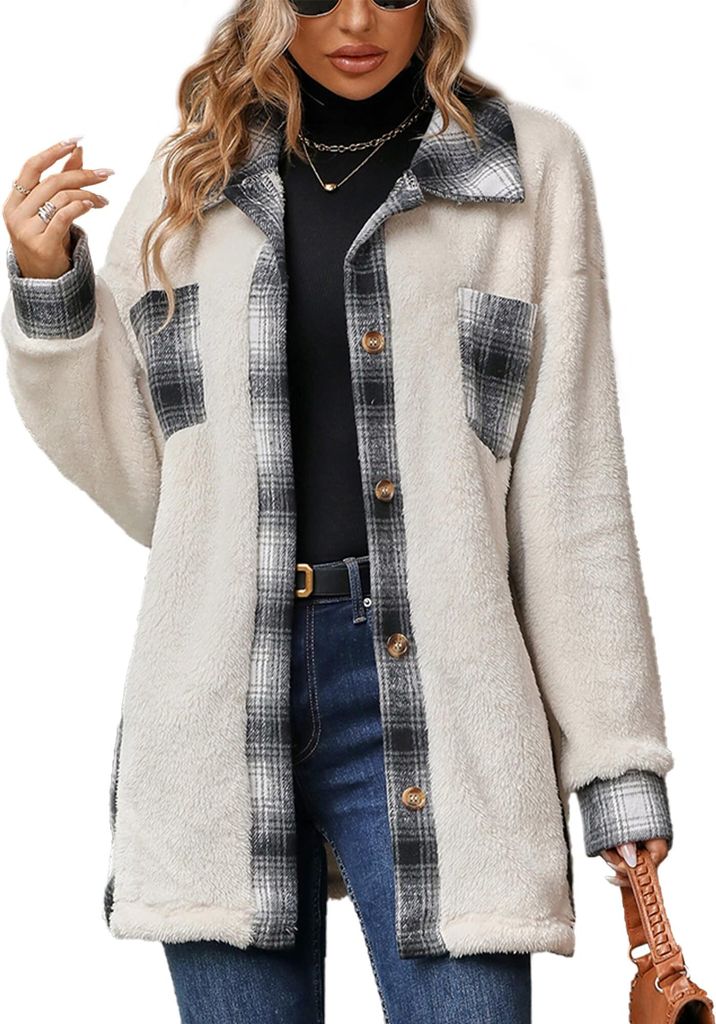 ASKSA Damen Fleecejacke Karierte Wolljacke Oversized Teddyfleece Winterjacke Winte Basic Warme Jacken mit Taschen (Weiss,M)