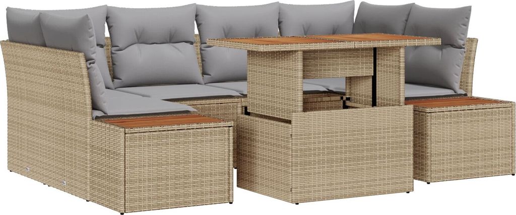 Möbel 7-teiliges Garten Dining Set mit Kissen Beige Poly Rattan Akazie - Gartensofas 3350037