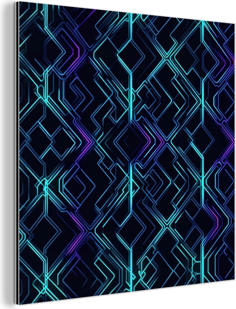 MuchoWow Wanddekoration Metall Metallbild Wandkunst 90x90 cm Gaming - Karierte Formen - Abstrakt - Neon - Lila MuchoWow Aluminium Gemälde - Dekora...