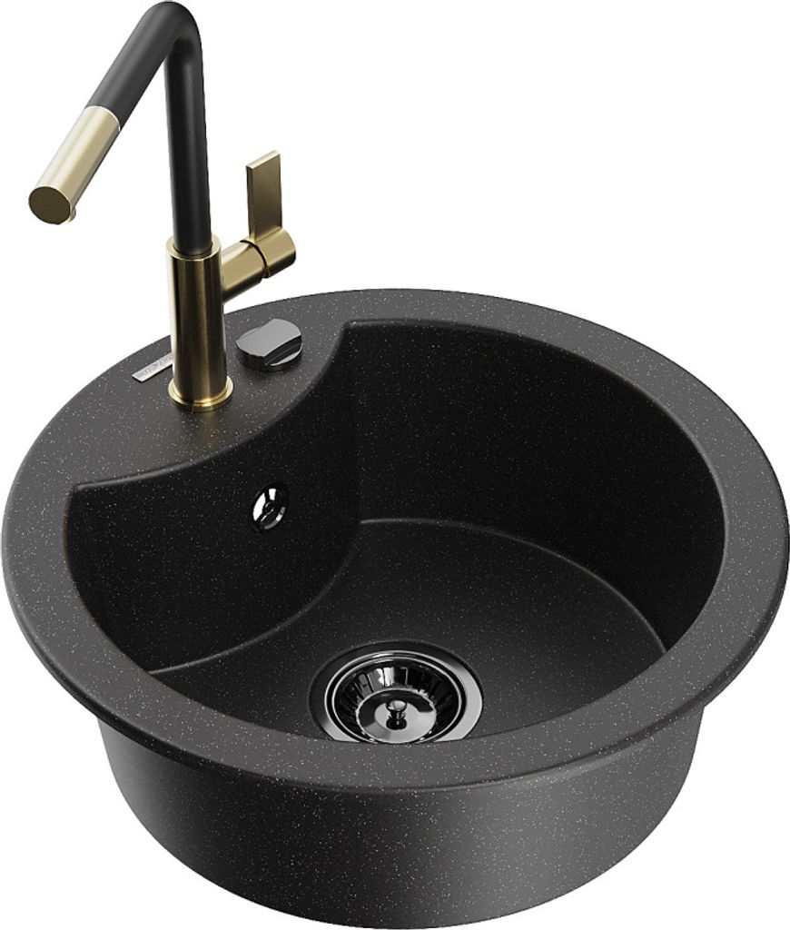 Mexen Diego 1-Becken-Granitspüle mit Mischbatterie Flora, Schwarz/Silbermetallic - 6512-73-670401-57-B