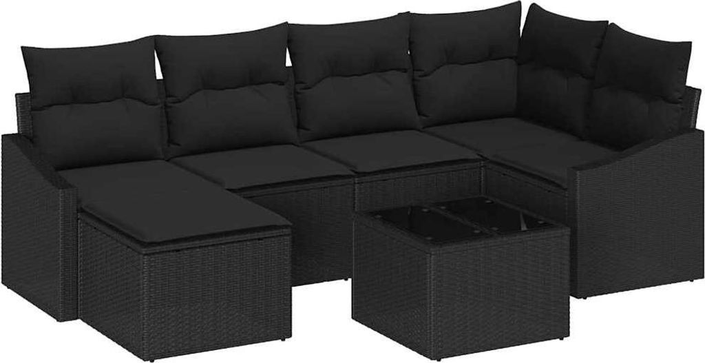 Sofa Set mit Kissen 7 pcs Schwarz Poly Rattan