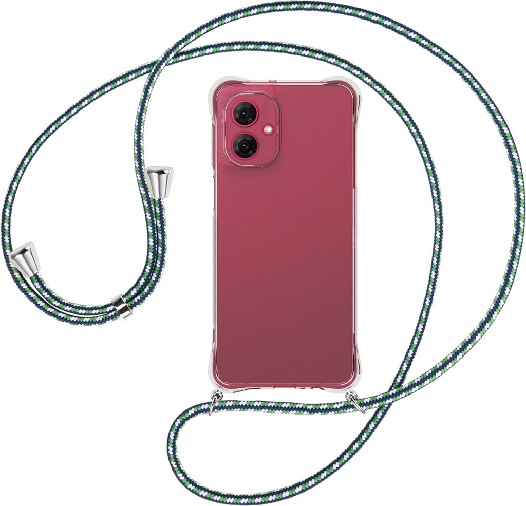 Handykette Backcover-Schutzhülle mit Band (Metall silberfarben) für Motorola Moto G55 5G - grün/blau/weiß