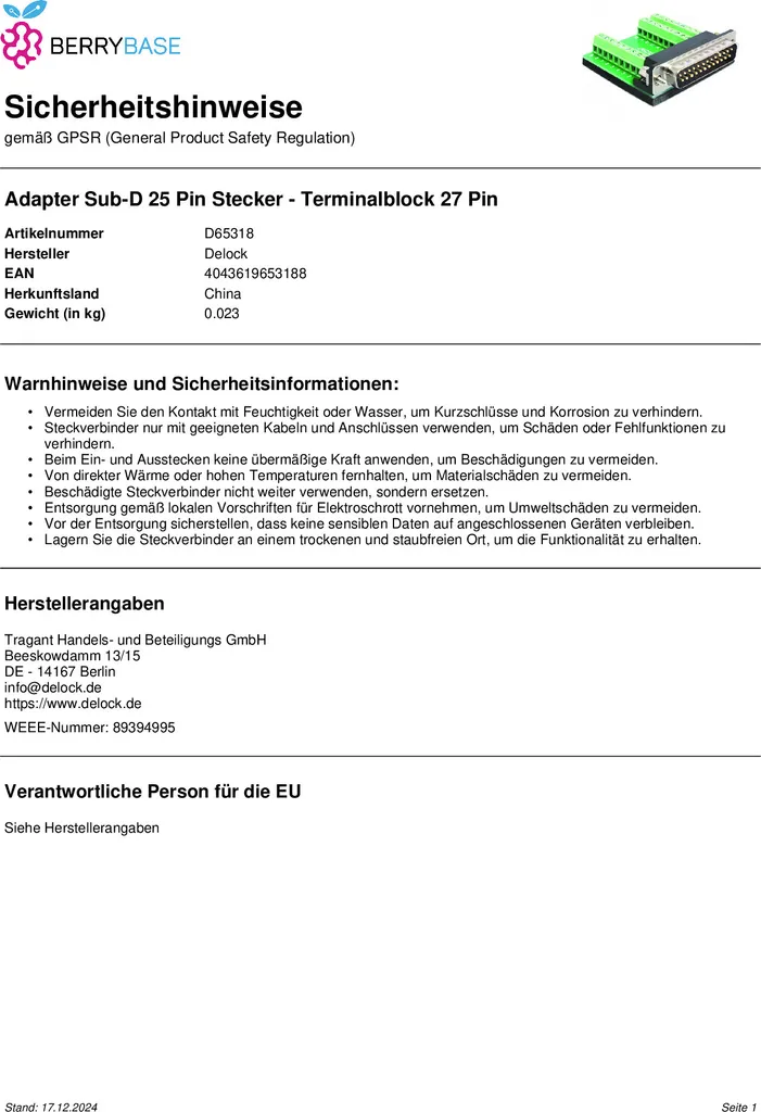 Adaptateur Delock Bloc de Jonction 27 Broches vers D-Sub 25 Mâle - 3