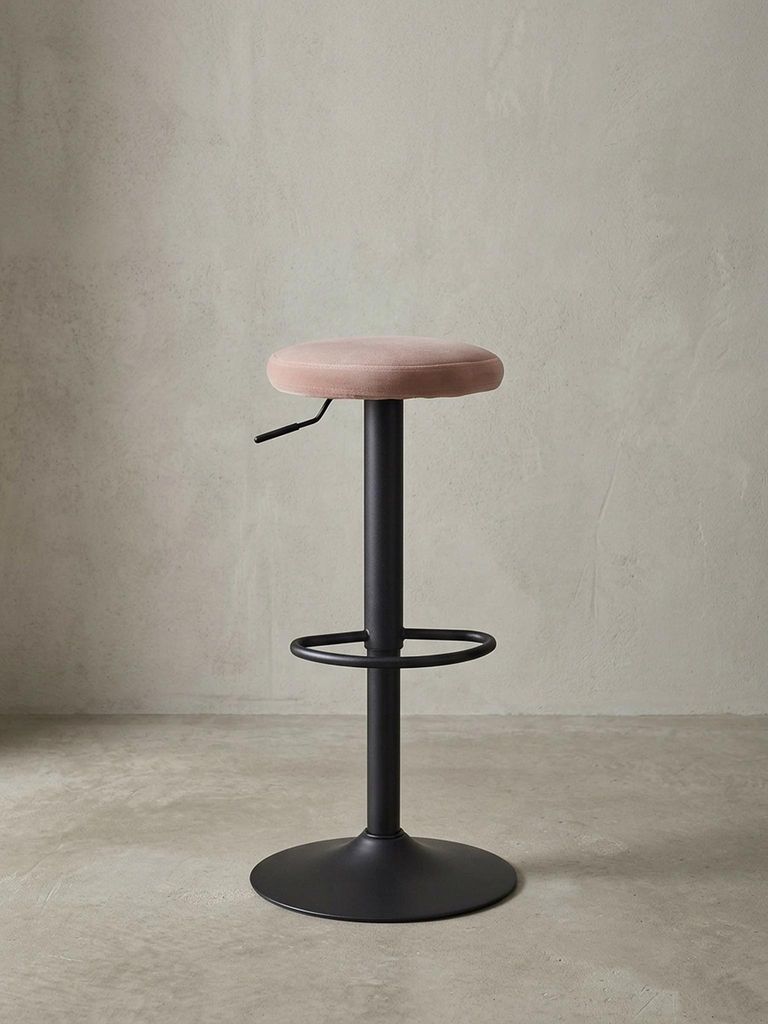 Barhocker "Campania": 58-79 cm Sitzhöhe, Eisenmaterial, Samt/Wildlederoptik Bezug, 360° drehbar. Rosa, Material: Samt, 40x40x79 cm | Kadima Design