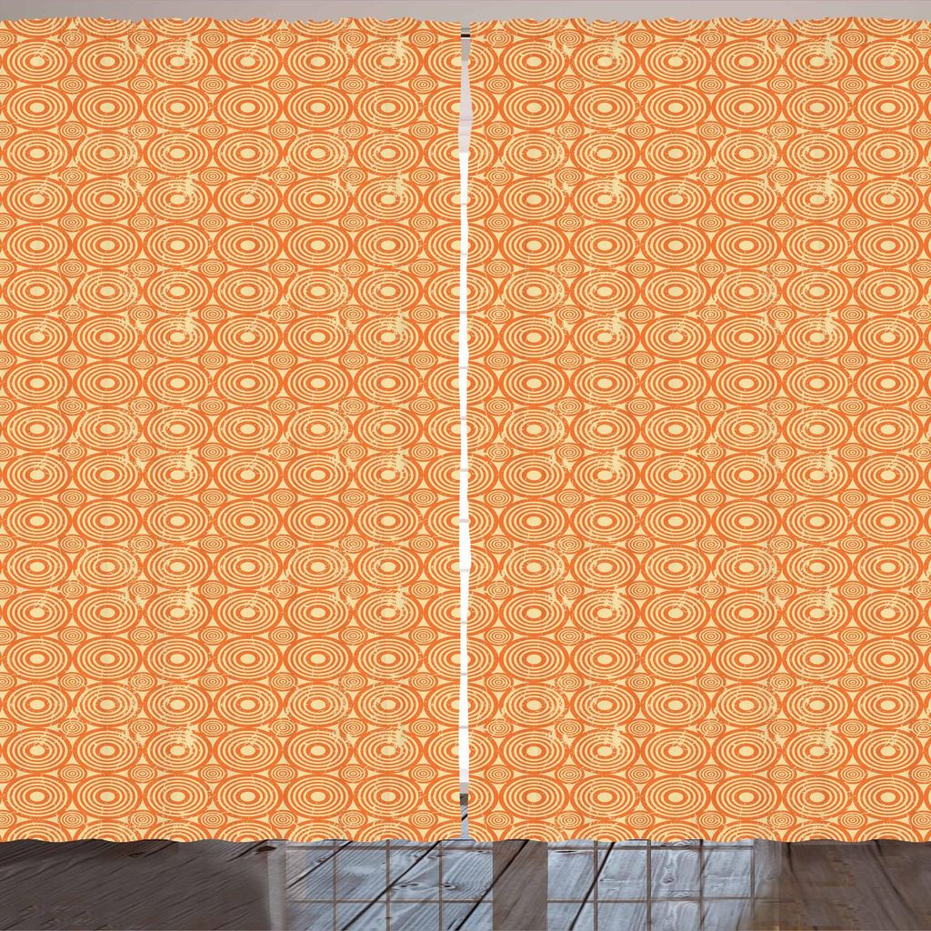 ARANDE Jugendstil Gardine, Spiral Kreise Altertümlich Pastell Geometrische Grunge runde Formen, 280 x 225 cm, Hellgelb Zinnoberrot