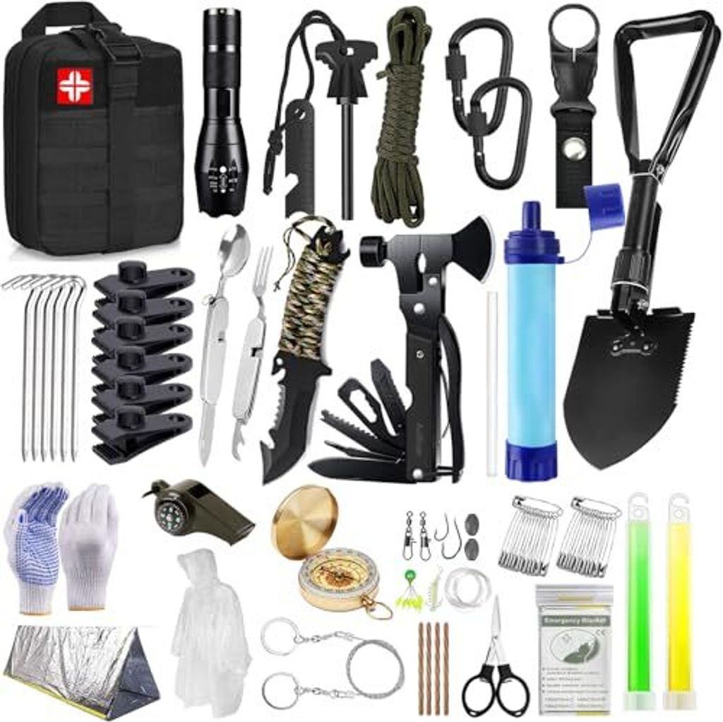 AuRiver Außen Notfall Survival Kit mit Camping Zubehör, Outdoor Ausrüstung Jagdmesser Multitool Hammer Axt Wasserfilter Outdoor, Personalisierte
