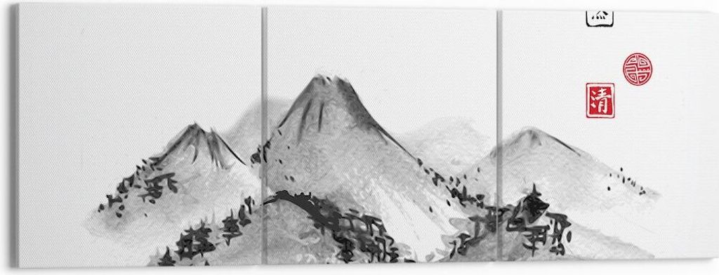 Bild auf Leinwand - Leinwandbild - 3 Teile - Zeichnen Asien Berge - 150x50cm - Wand Bild - Wanddeko - Wandbilder - Leinwanddruck - Bilder - Wanddek...