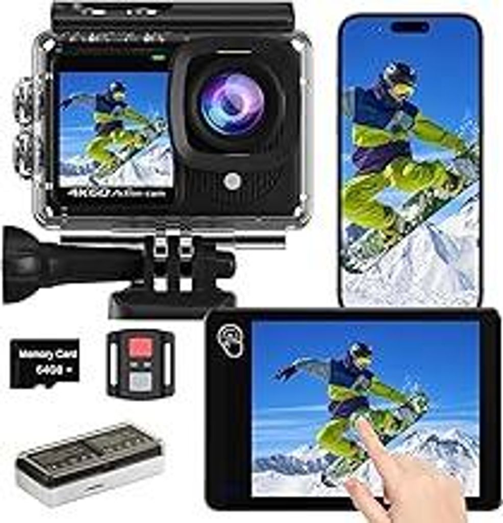 Touchscreen 4K60FPS Action Cam mit 64G Karte, 40M Unterwasserkamera 48MP HD WiFi Kamera mit EIS 8X Zoom Wasserdicht Actionkameras Weitwinkel Sportk...