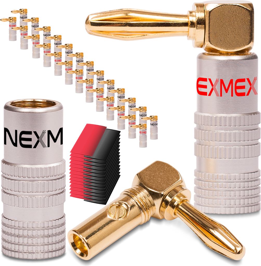 28x High End NEXMEX Winkel Bananenstecker Schrumpfschlauch 24K vergoldet Banana