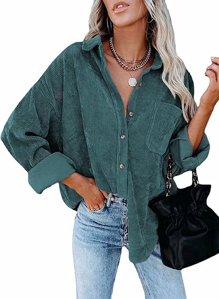 ASKSA Damen Bluse Reverskragen Langarm Cord Herbst Hemdjacke Knöpfen Cardigan Oberteil, Grün, XL