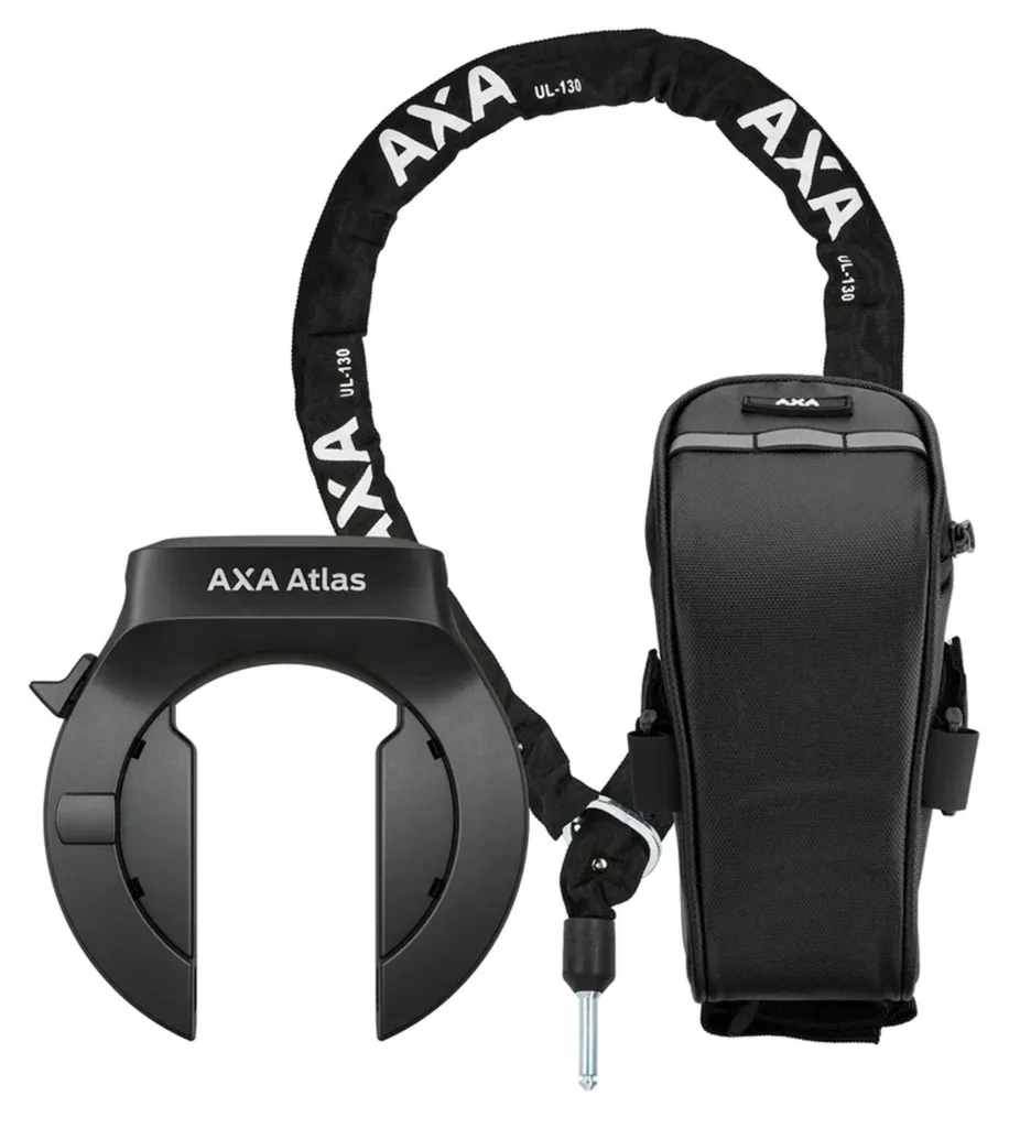 Cadenas de cadre AXA Atlas avec chaîne ULC 130 et sacoche de selle noire