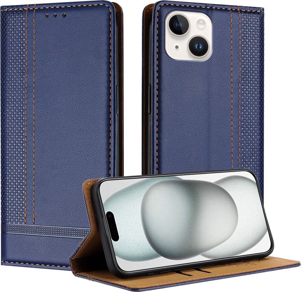 Handyhülle für iPhone 13 Leder Flip Klappbare Schutzhülle mit Standfunktion Blau