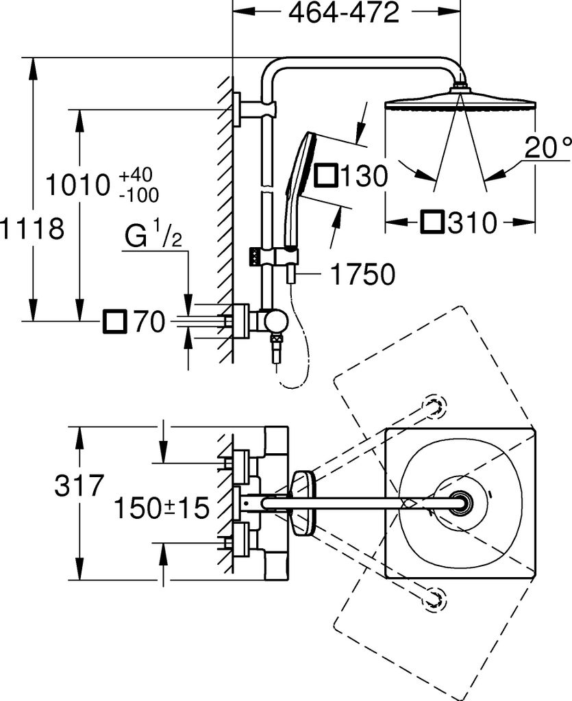 Grohe Rainshower SmartActive 310 Duschsystem mit Thermostatbatterie, für die Wandmontage, GROHE EcoJoy, 26652000