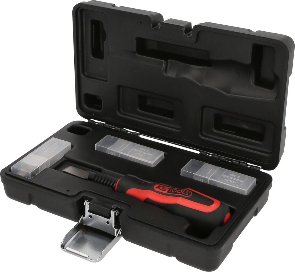 A black plastic case containing a set of tools, including a screwdriver with a red and black handle and several small plastic containers with blades.