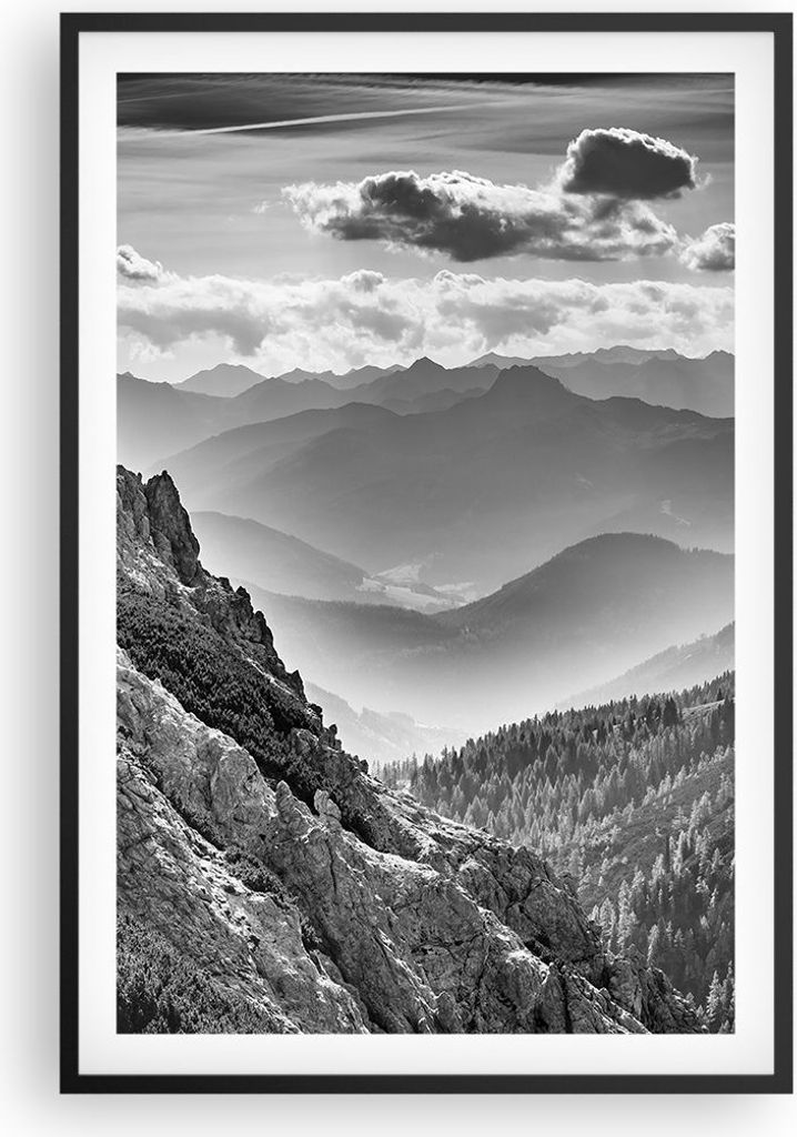 Gerahmtes Poster - Schwarzer Rahmen - Schwarzweiß Landschaft Berge - 61x91,5 cm - Wand Bild - Wanddeko - Wandbilder - Kunstposter - Wandposter - B...