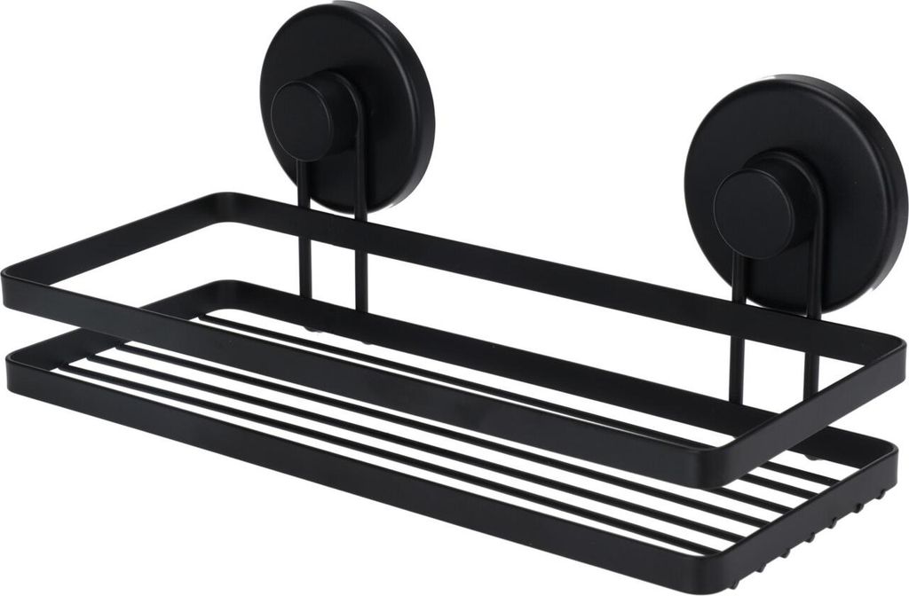 A black metal shower shelf with suction cups, shown against a white background.