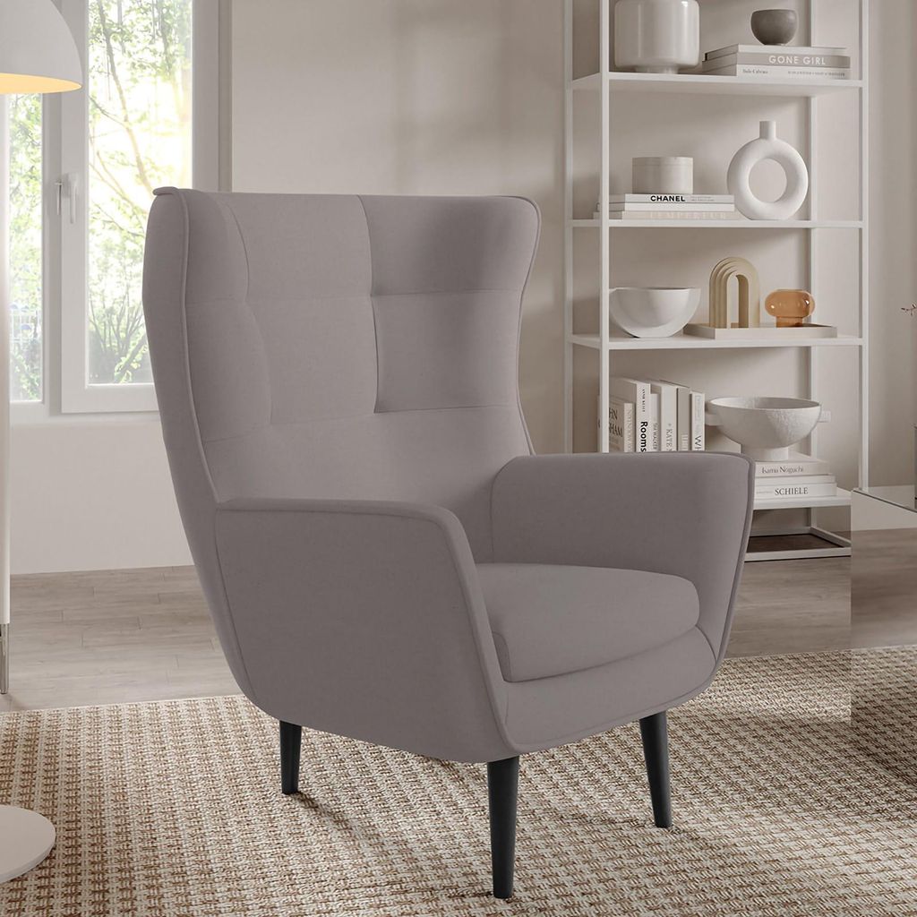 Sessel Franco Polstersessel, Einzelsessel mit Rückenlehne für Wohnzimmer und Esszimmer, bequemer Sessel, schwarze Holzfüße – Stoff Castel 20