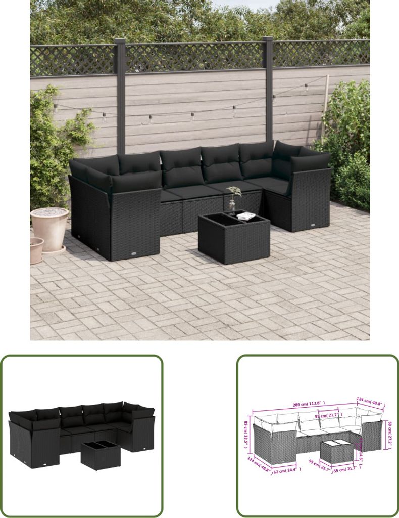 The Living Store 8-tlg. Garten-Sofagarnitur mit Kissen Schwarz Poly Rattan