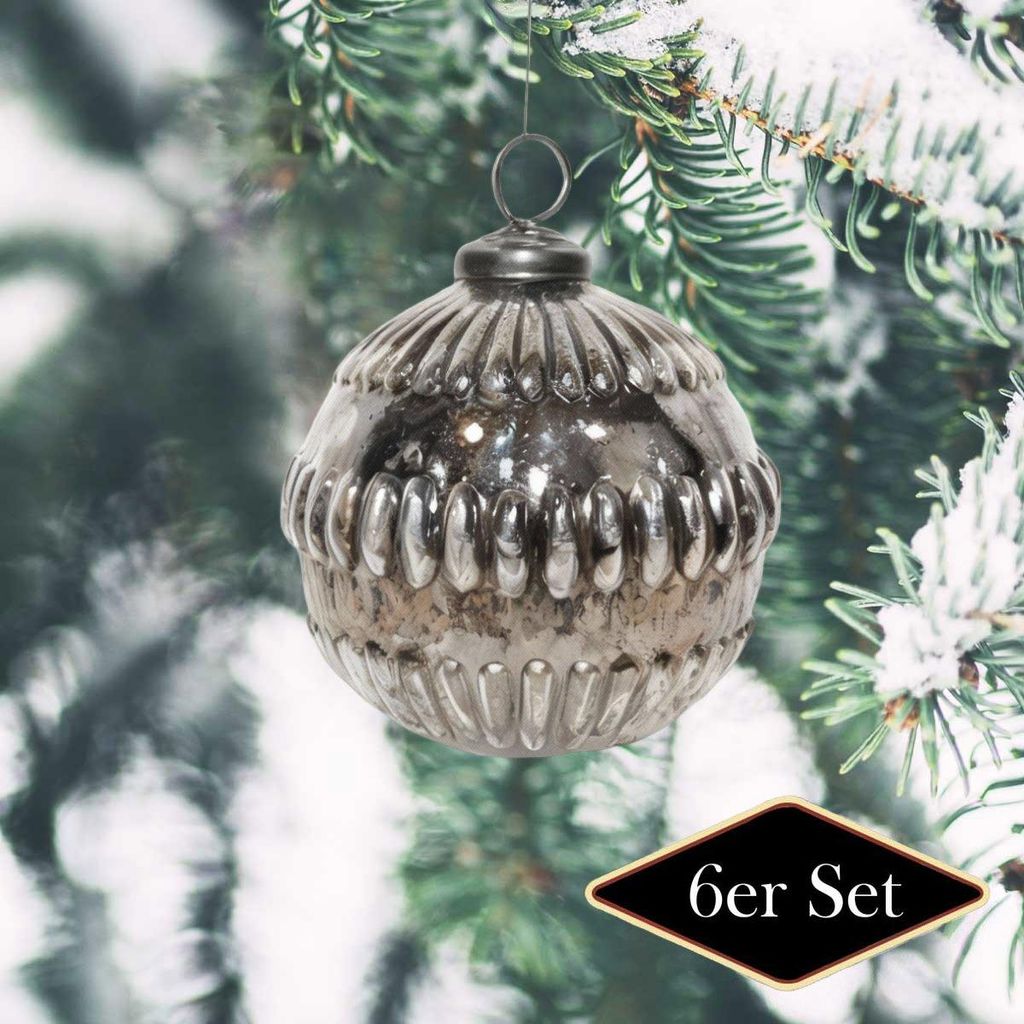 Premium Weihnachtskugel aus Glas, rund silbern patiniert, 6er Set, Ø10 cm