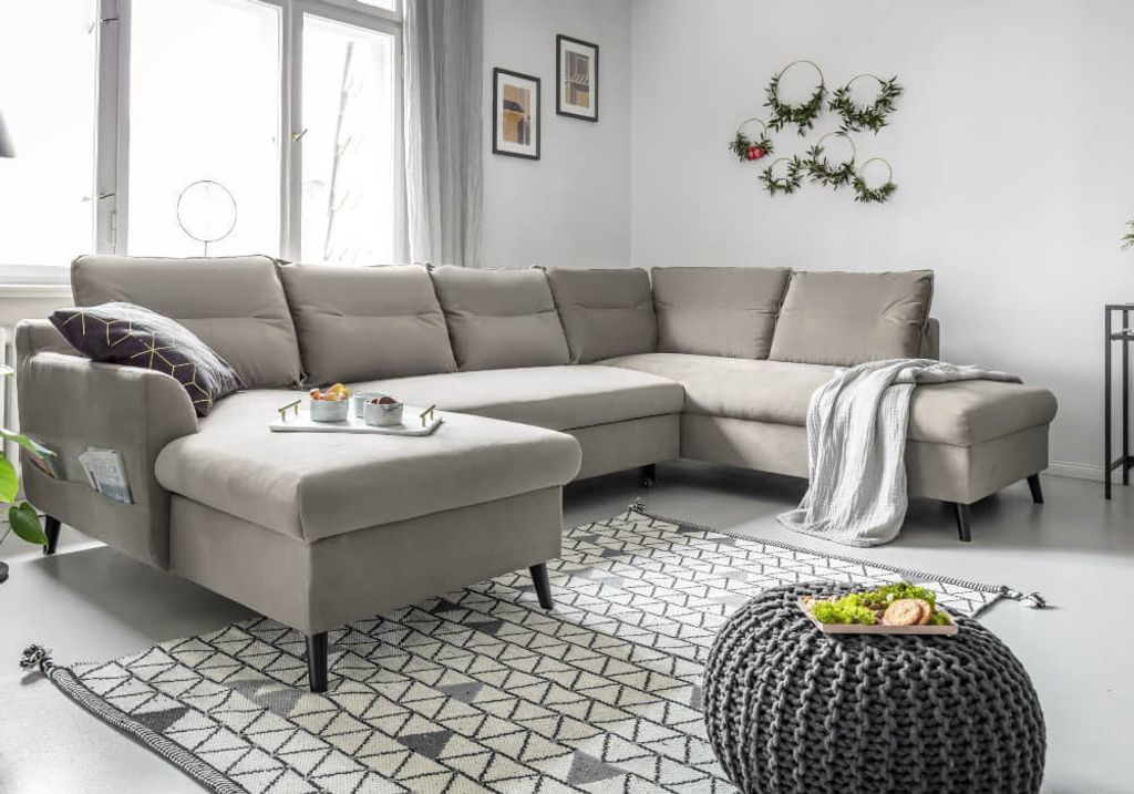 MIUFORM Stylish Stan - Ecksofa mit Bettfunktion und Bettkasten U-FORM RECHTS - 300x198cm - Velours Beige - Sofa Schlafsofa Couch