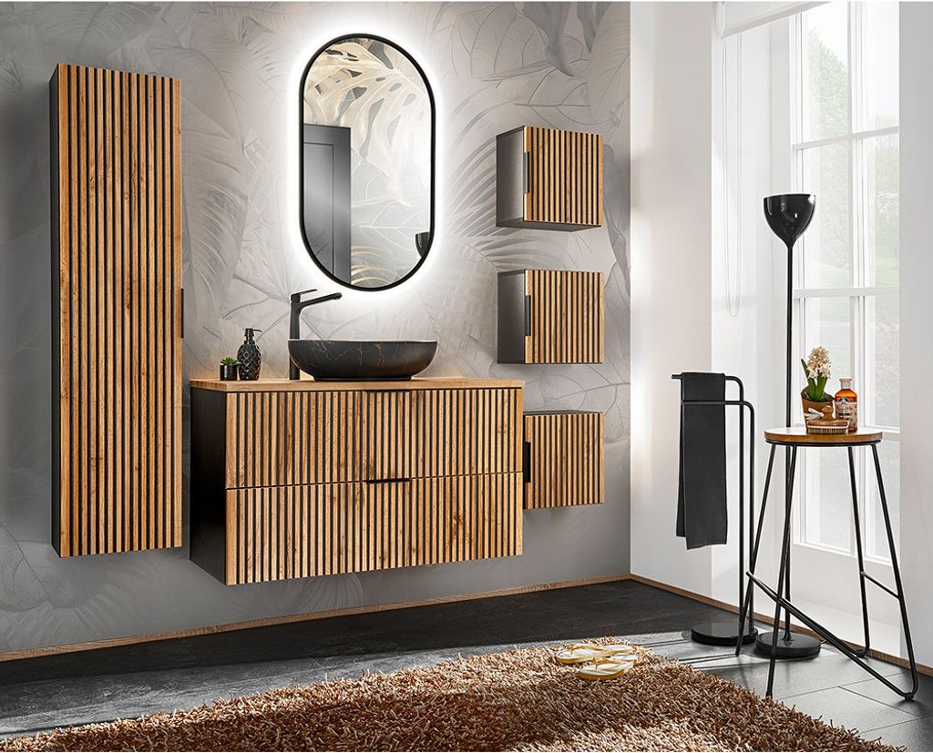 Badezimmer Komplett Set mit Hochschrank, 3x Hängeschrank, Waschtisch, Aufsatzwaschbecken, LED Spiegel XANTEN-56 in anthrazit mit Eiche Nb. schwarz...