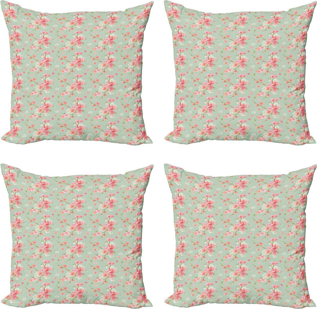 ABAKUHAUS Shabby Flora Kissenbezug Set (4 Stück), Retro Frühlings-Blüten, Moderner Doppelseitiger Digitaldruck, 40 cm x 40 cm, Mint Rosa
