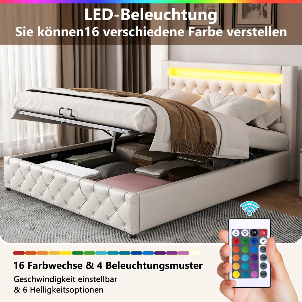 Lit double 140x200cm gain de place avec rangement et sommier intégré