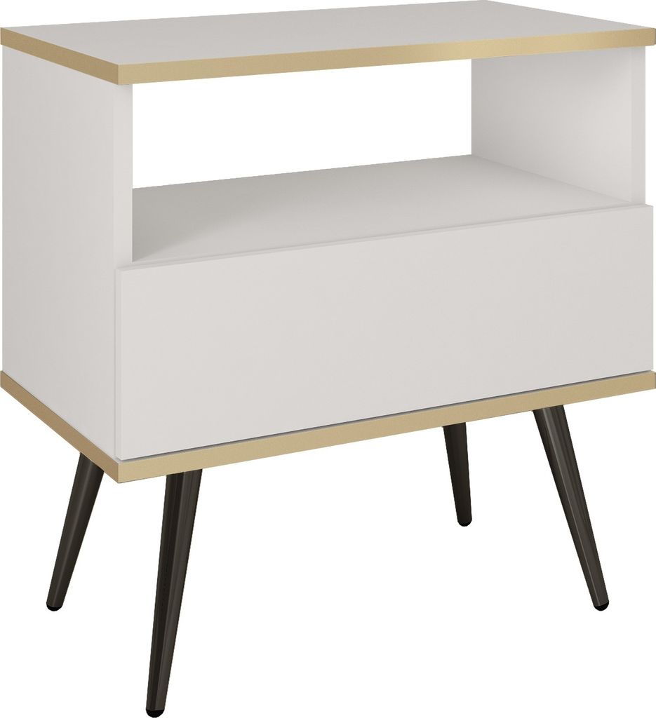 Nachttisch mit Schubladen Rodi - Nachtschrank 50 cm, Schlaffzimmer, gold Accessoires mit Beinen - Weiß + Schwarz