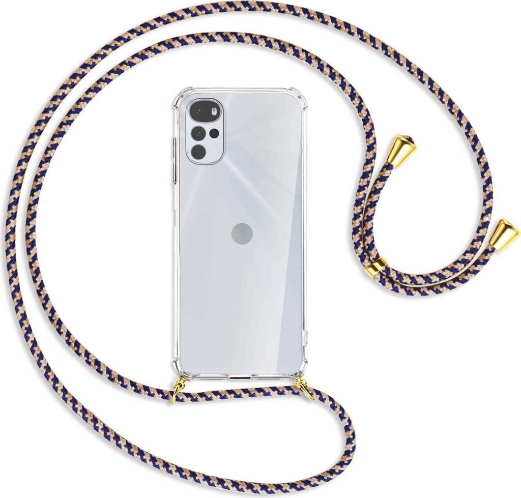 Handykette Backcover-Schutzhülle mit Band (Metall goldfarben) für Motorola Moto G22 4G - blau+beige