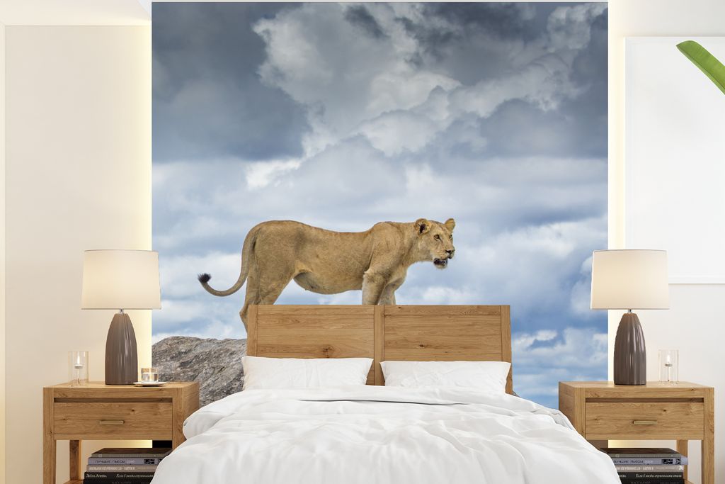 MuchoWow Fototapete für Wohnzimmer oder Schlafzimmer Wandtapete Vinyl Motivtapete Löwe - Jagd - Fels - 240x260 cm - Tapezier Papier