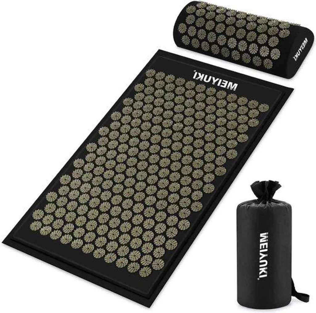 Ensemble Tapis et Coussin d'Acupression Noir et Or pour Massage Vital