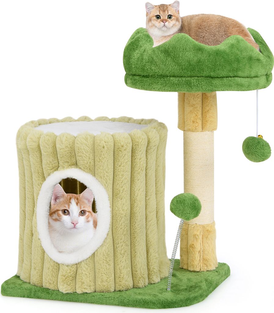 COSTWAY Kratzbaum Klein, Katzenbaum mit Plattform, Sisal-Kratzsäule, Katzenhöhle & 2 Bällen, Holz & Plüsch, Katzen Katzenmöbel Kletterbaum Grün