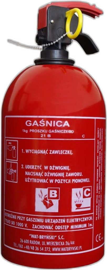 A red fire extinguisher with instructions and safety symbols on a white background.