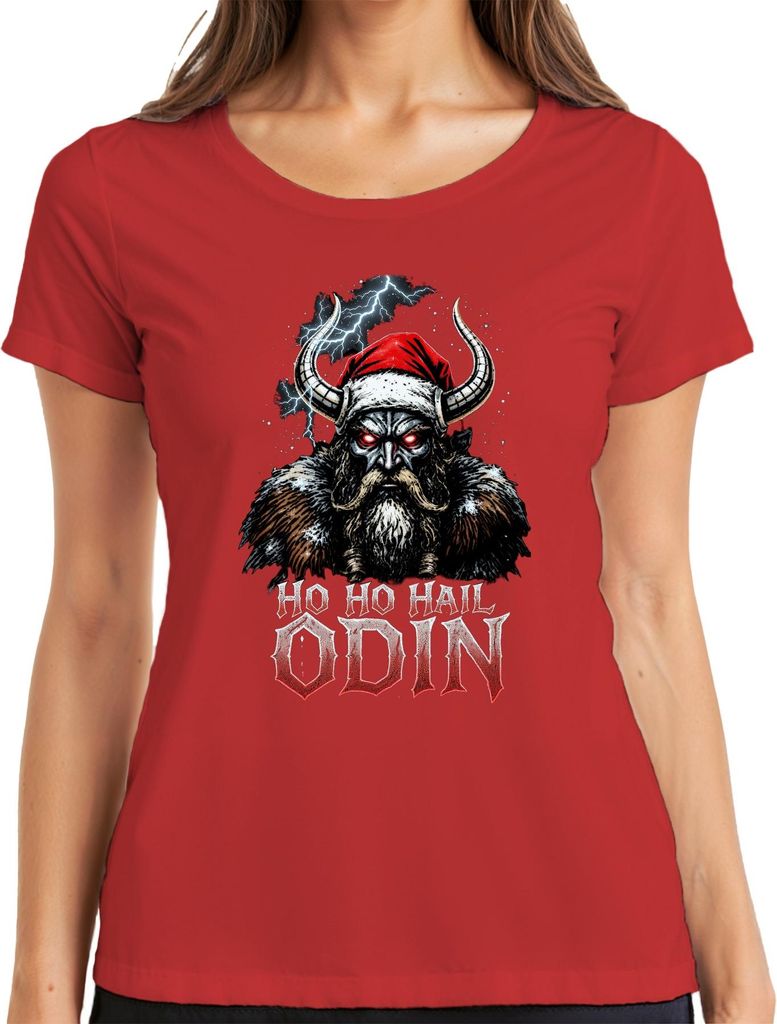 Ho Ho Hail Odin Wikinger Santa Hörner Bart Rote Augen Norse Metal Damen T-Shirt, Rot, M
