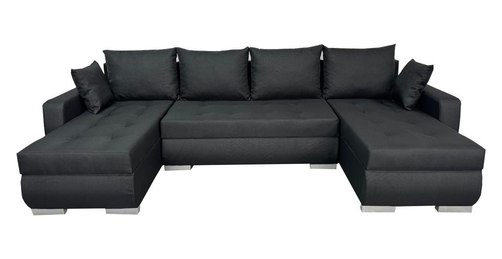 A U-shaped sectional sofa with multiple cushions, shown from the front against a white background.