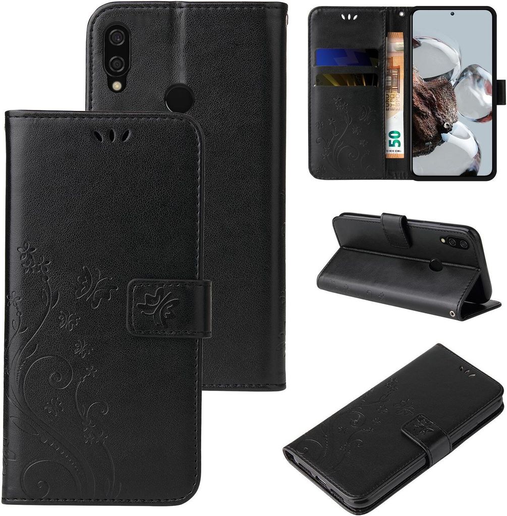 Handyhülle für Huawei P20 Lite Floral Blumen Schmetterling Flip Cover Hülle Case Klapphülle Handytasche Farbe: Schwarz
