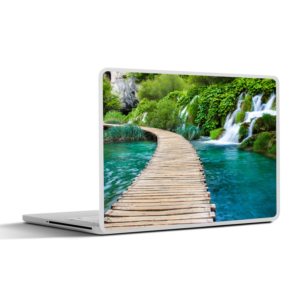 MuchoWow Laptop Aufkleber Sticker Cover Brücke - Wasser - Pflanzen - Wasserfall - Grün 30x21 cm - Sticker für Laptop - Selbstklebend