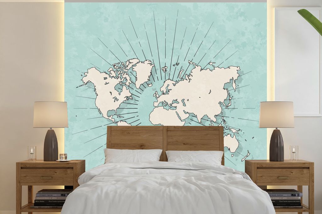 MuchoWow Fototapete für Wohnzimmer oder Schlafzimmer Wandtapete Vinyl Motivtapete Weltkarte - Retro - Blau - 260x260 cm - Papiertapeten