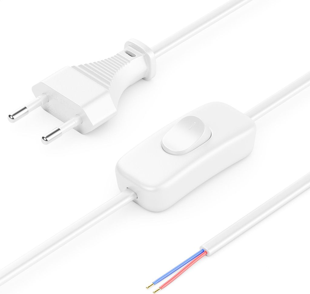 deleyCON 2m Euro-Netzkabel mit Schalter - Offenes Kabelende - Stromkabel, Ersatzkabel, Anschlusskabel, Zuleitung - Typ C Flacher Euro Stecker - fü...