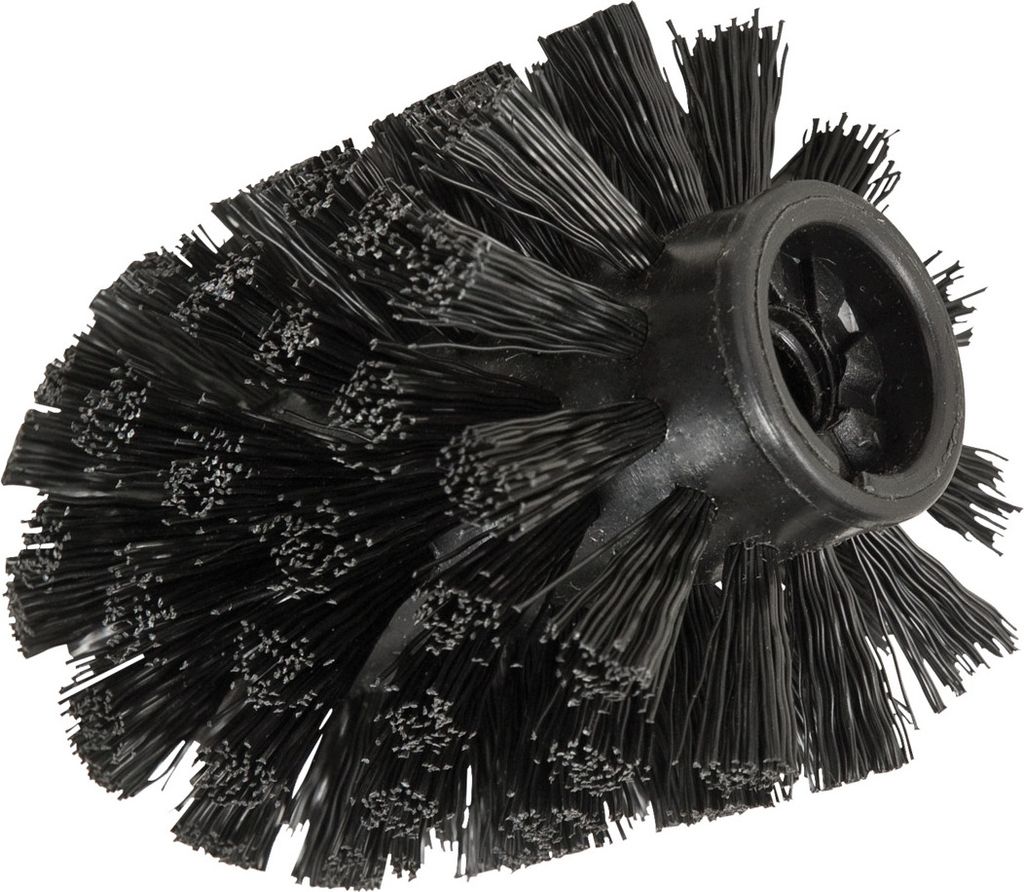 A close-up studio shot of a black toilet brush head.