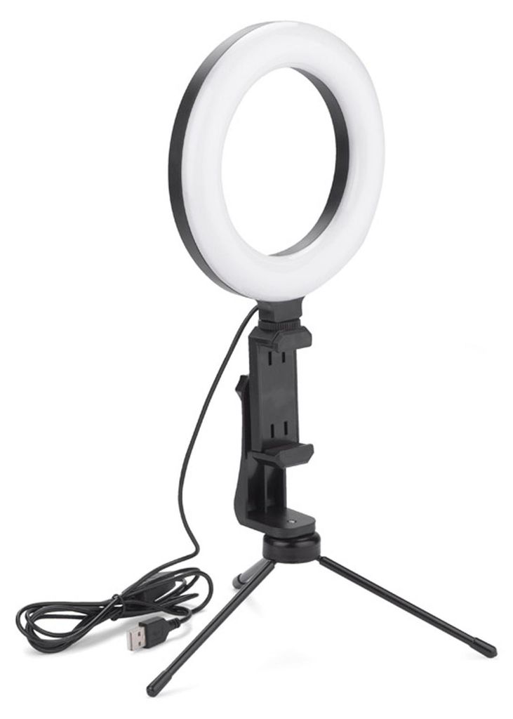 A ring light with a tripod and phone holder is shown against a white background.