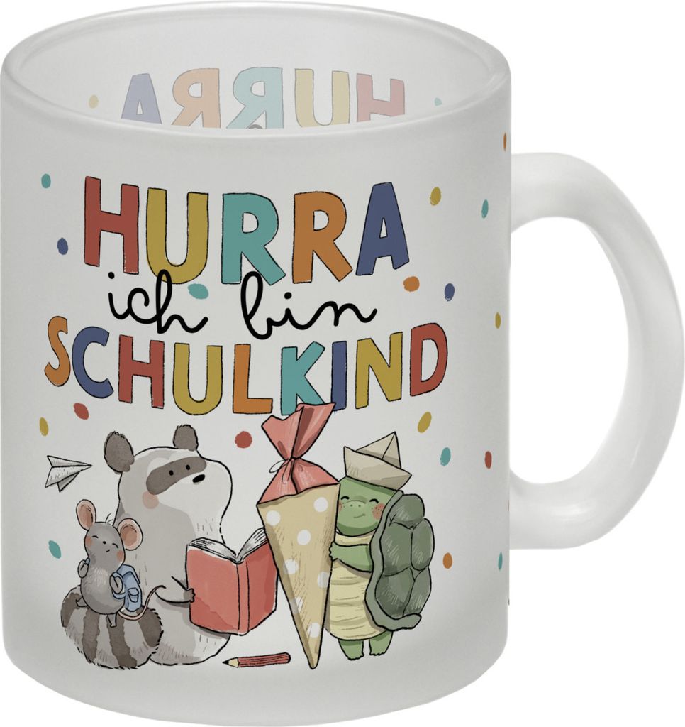 Tiere zur Einschulung Glas Tasse mit Spruch Hurra ich bin Produktbild 