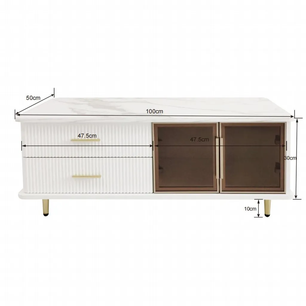 Table Basse en Verre Trempé et Pieds Dorés Style Luxe Blanc 100 cm