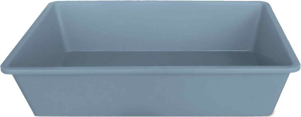A plain, studio shot of a rectangular cat litter tray.