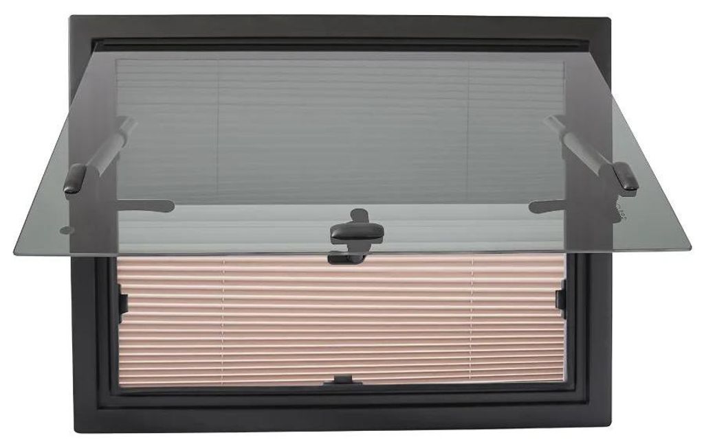 Wohnmobil/Wohnwagen Fenster - Ausstellfenster - Ausschnitt 60x45 cm - 4 mm gehärtetes Glas - 65° Öffnung - Insektenschutz, abschließbarer Griff...