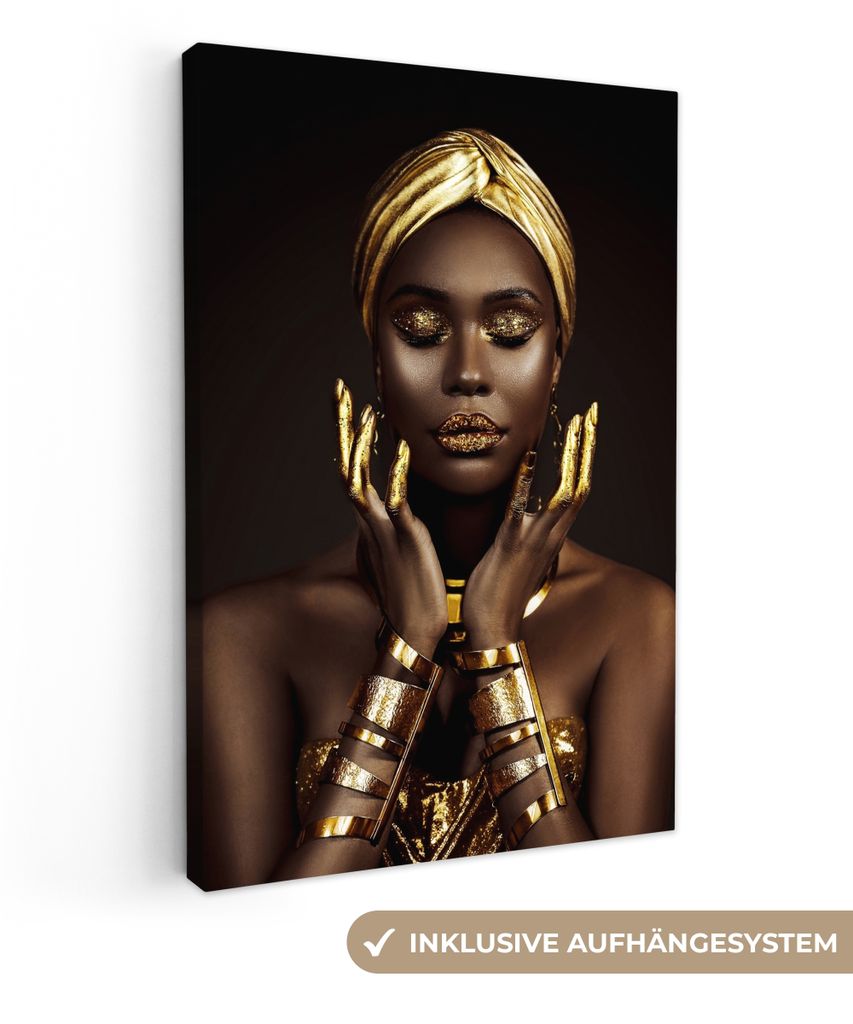 MuchoWow - Leinwandbilder - Frau - Abstrakt - Gold - Porträt, Wandbild, Wanddeko Bilder Wohnzimmer, 80x120 cm