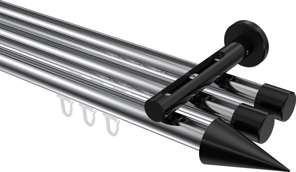 Interdeco Innenlaufstange / Gardinenstange mit Innenlauf Chrom / Schwarz, Typ Siteno Savio (Kegel), 20 mm Ø 3-läufig, 100 cm