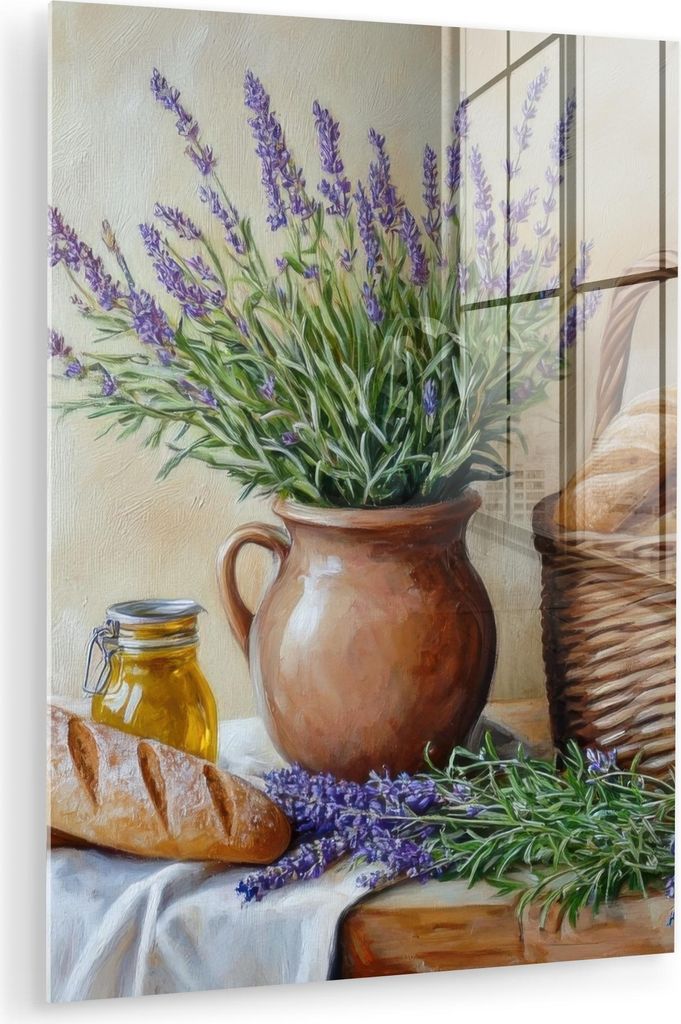 MuchoWow Glasbilder - Bilder auf Wandbild - Foto auf Glas Lavendel - Brot - Stilleben 30x40 cm Wanddekoration aus Glas - Acrylglasbild - Acrylbilde...